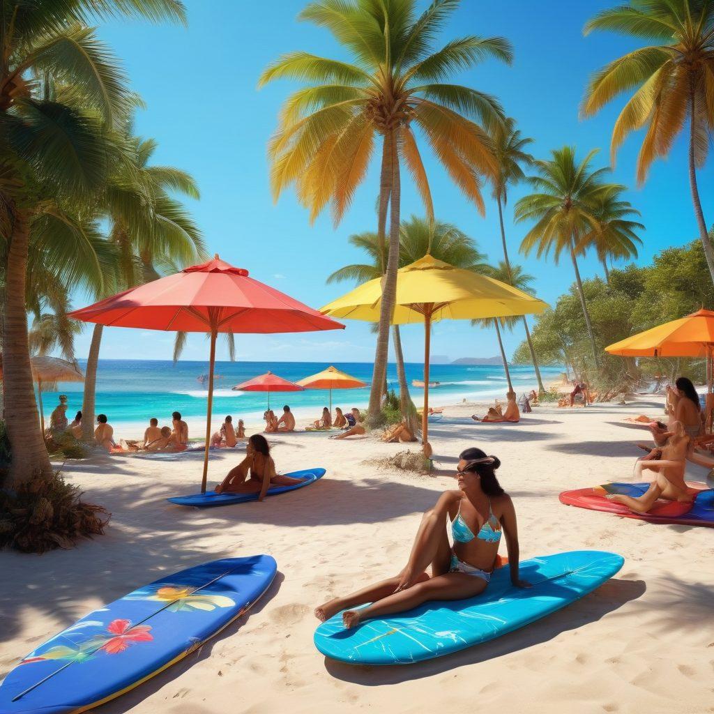 A sun-soaked tropical beach scene showcasing vibrant bikini trends on stylish models of diverse ethnicities. Include colorful beach umbrellas, surfboards, and palm trees swaying gently in the background. Capture a lively atmosphere with people enjoying the beach, sunbathing, and sipping tropical drinks. Emphasize bright colors and a sense of summer fun. super-realistic. vibrant colors. 3D.