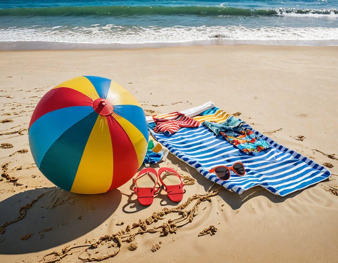 A vibrant beach scene featuring an array of stylish beach outfits hung on a colorful clothesline, with accessories like sunglasses, hats, and beach bags scattered around. The background showcases a bright blue ocean and golden sand, with sunbathers enjoying the sun. Include a playful beach ball and waves gently lapping the shore. super-realistic. vibrant colors. sunny atmosphere.